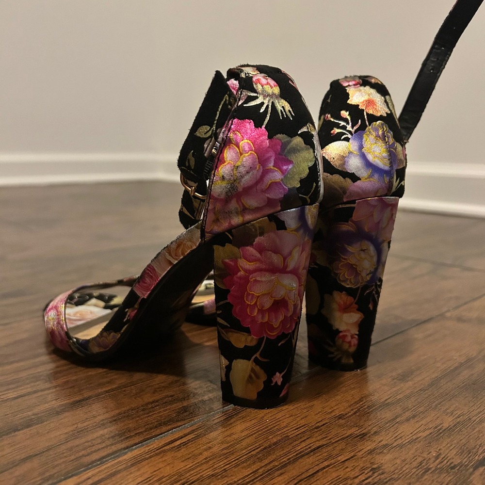 Bamboo Floral Print Ankle Strap Block Heel Sandals Party Wedding Occasion